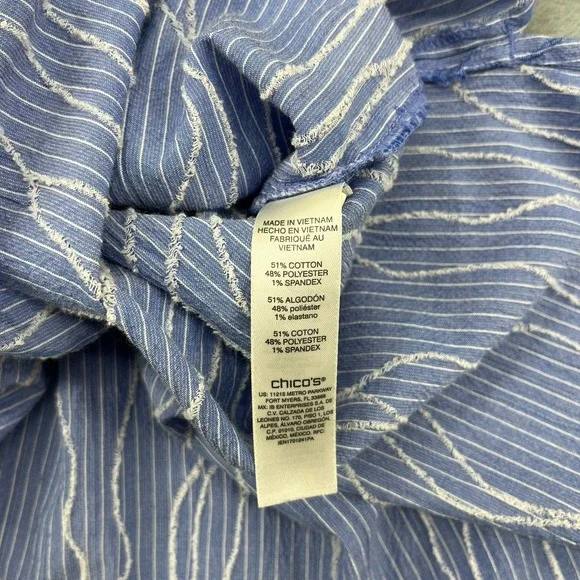 Chico's Blue White Pinstripe Textured Button Down Shirt Roll Tab Size 3 Large - Picture 9 of 13